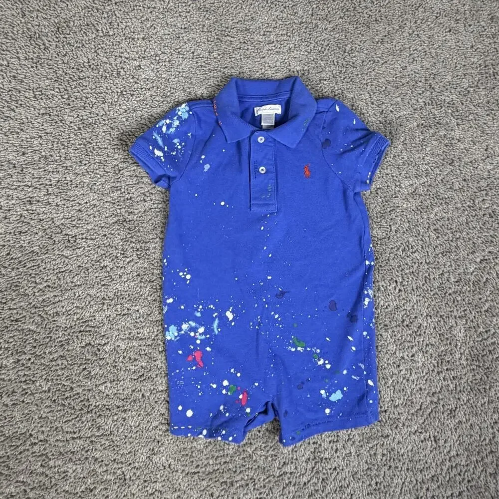 Ralph Lauren Romper Boys 24 Months Blue Red Polo One-Piece Paint Splatter